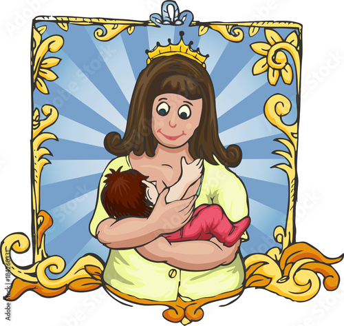 cute mother holding baby hand draw  cartoon illustration with ornamental border
