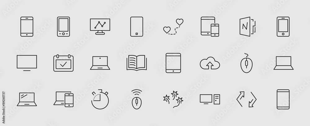Set of smart devices and gadgets, computer equipment and electronics. Electronic devices icons for web and mobile vector line icon. Editable move. 32x32 pixels. - obrazy, fototapety, plakaty 