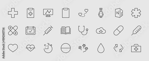 Set of medicine vector line icons. It contains the first aid kit, nurse, syringe, thermometer, plastic, pills, heart, drop of blood, palpitation and much more. Editable move. 32x32 pixels.
