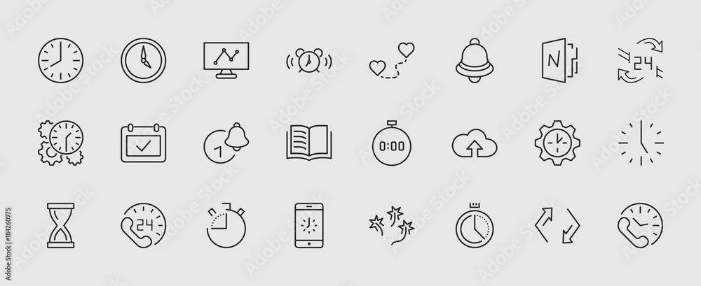 Set of Time Vector Line Icons. Contains such Icons as Timer, Speed, Alarm, Restore, Time Management and more. Editable Stroke. 32x32 Pixel Perfect