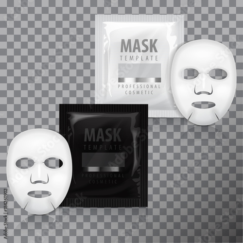 Realistic facial sheet mask and sachet. Vector mock up template. Beauty product packaging on transparent background