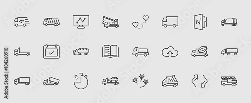 Truck Set of Transport Vector Line Icons. Contains such Icons as Truck, Transportation, Tow Truck, Cranes, Mixer, Garbage Truck, Manipulators, Delivery service and more. Editable Stroke. 32x32 Pixel
