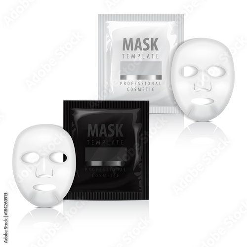 Realistic facial sheet mask and sachet. Vector mock up template. Beauty product packaging on white background