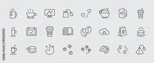 Set of Coffee and Tea Vector Line Icons. Contains such Icons as Cup of Tea,  Teabags, Coffee beans and Green Tea Leaves, a pitcher of Water, Sugar Cubes and more. Editable Stroke. 32x32 Pixel Perfect