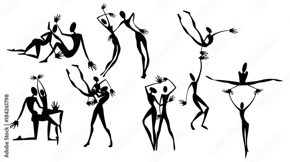 Cave paintings dance art silhouette men vector isolated
