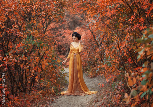 A fragile, tender girl in a yellow vintage dress strolls against the background of fiery autumn nature. Artistic Photography