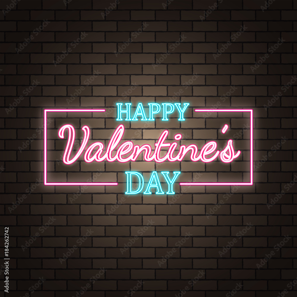 Obraz premium Neon happy Valentine's Day banner. Valentine lamp romance heart shape. Colored vector light glow poster. Nightclub bulb dark brick wall label card design. Holiday greeting. Love background.