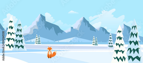 Winter Landscape with Fox in Flat Style Illustartion