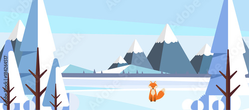 Winter Landscape with Fox in Flat Style Illustartion