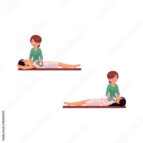 vector cartoon salon hair removal scenes set. Woman therapist in professional cosmetology beauty clinic removing hair from face and armpits of young cute girl by laser. Isolated illustration