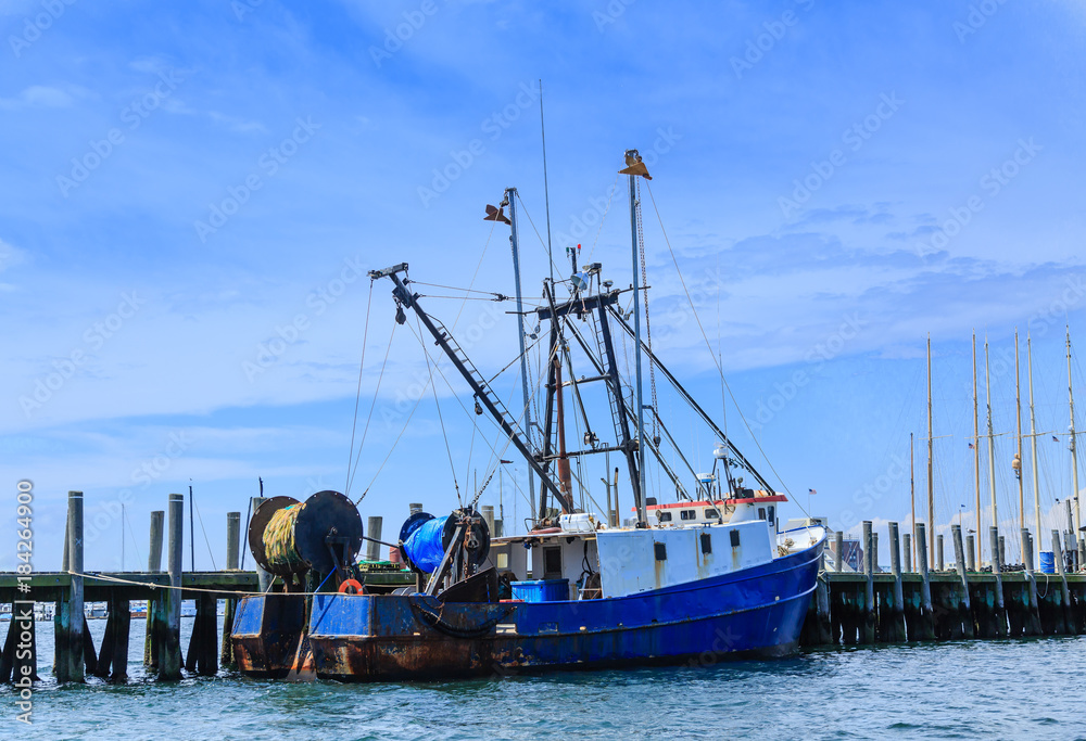 Blue and White Fishing Trawler