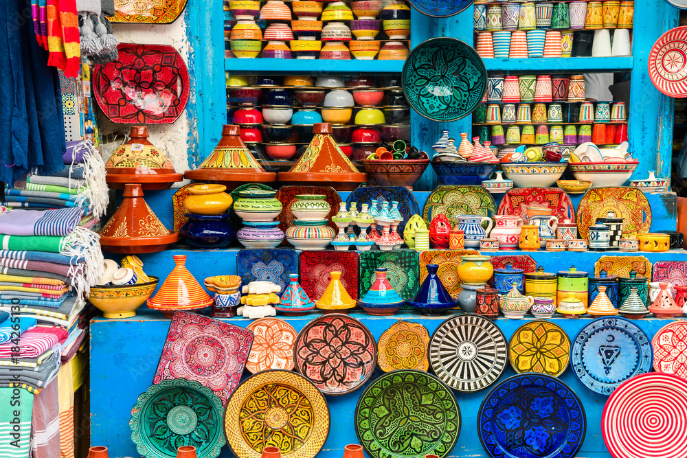colorful pottery at moroccan shop