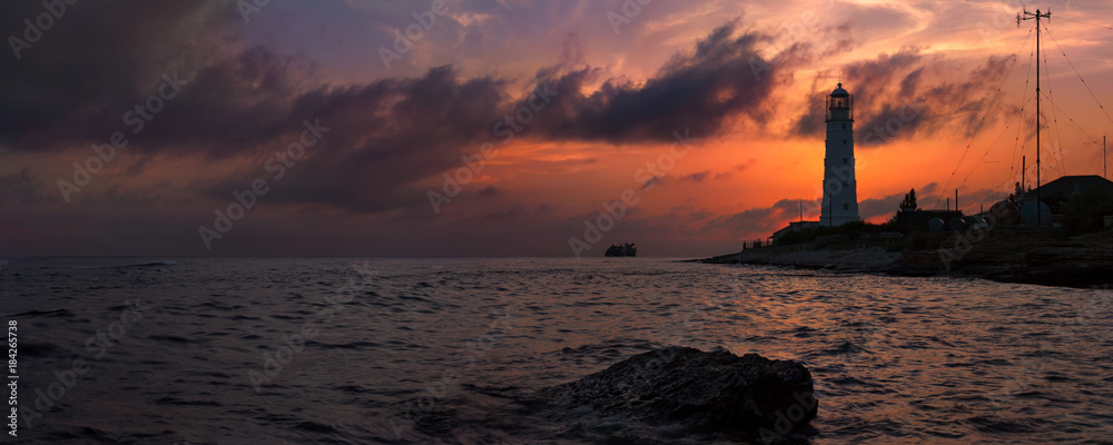 Fototapeta premium Panorama of the Tarkhankut lighthouse at sunset, Crimea