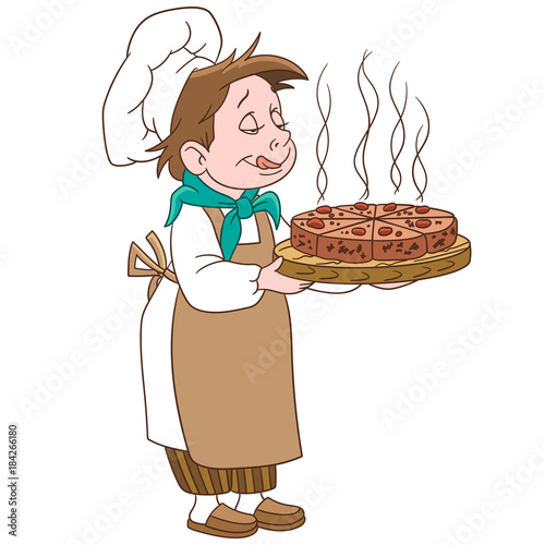 Cartoon chief cook with cake or pizza. Design for children's coloring book.