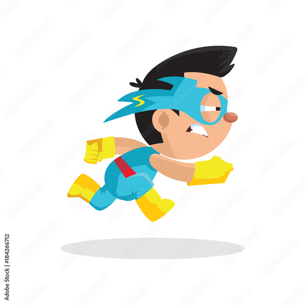 Cute funny superhero boy character in a blue costume and mask running  cartoon vector Illustration Stock Vector | Adobe Stock