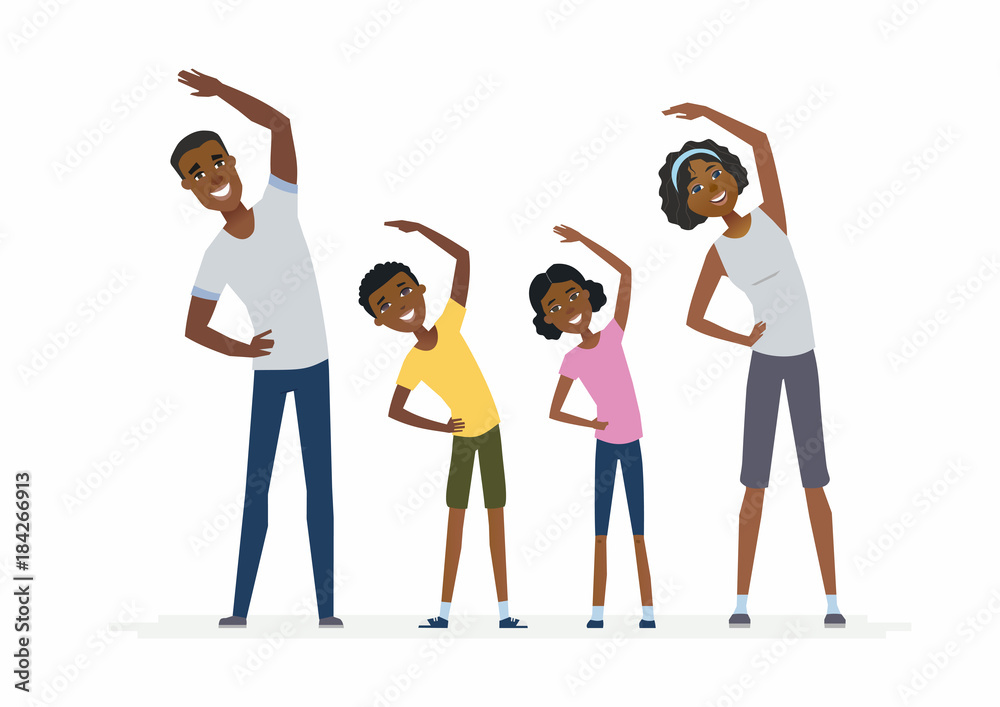 African family doing exercises- cartoon people characters isolated illustration