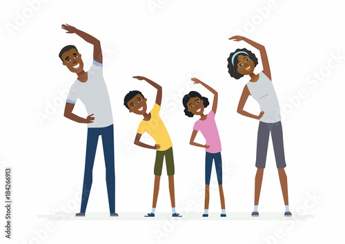 African family doing exercises- cartoon people characters isolated illustration