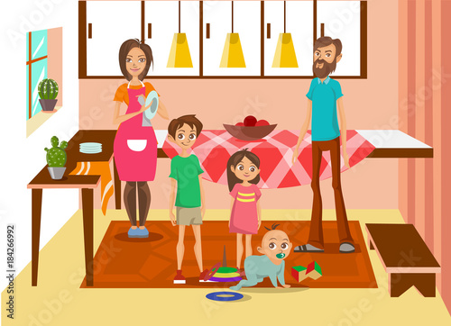 Happy family at home, mother, father and their three kids posing in kitchen interior colorful vector Illustration