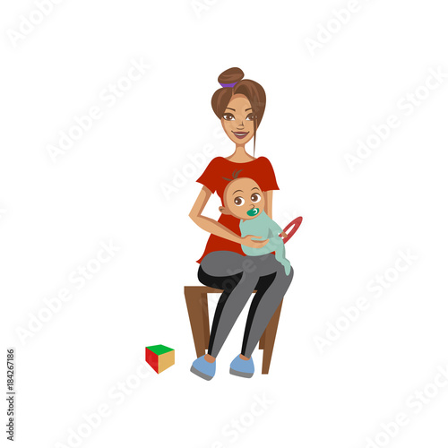 Young woman sitting on chair with toddler baby on her knees mother caring for her child colorful cartoon vector Illustration