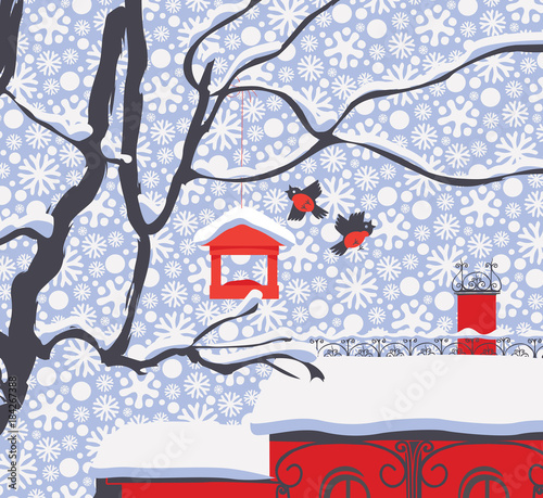 Vector winter landscape with snow-covered roofs, branches of a tree, bullfinches and a bird feeder in the snow in flat style on the background of seamless pattern of white snowflakes