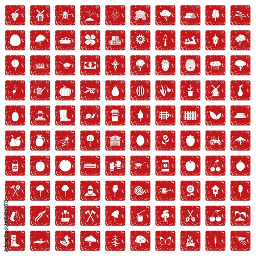 100 agriculture icons set grunge red