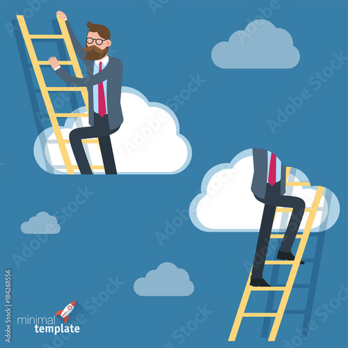 Man climbing  through clouds in the sky. 
