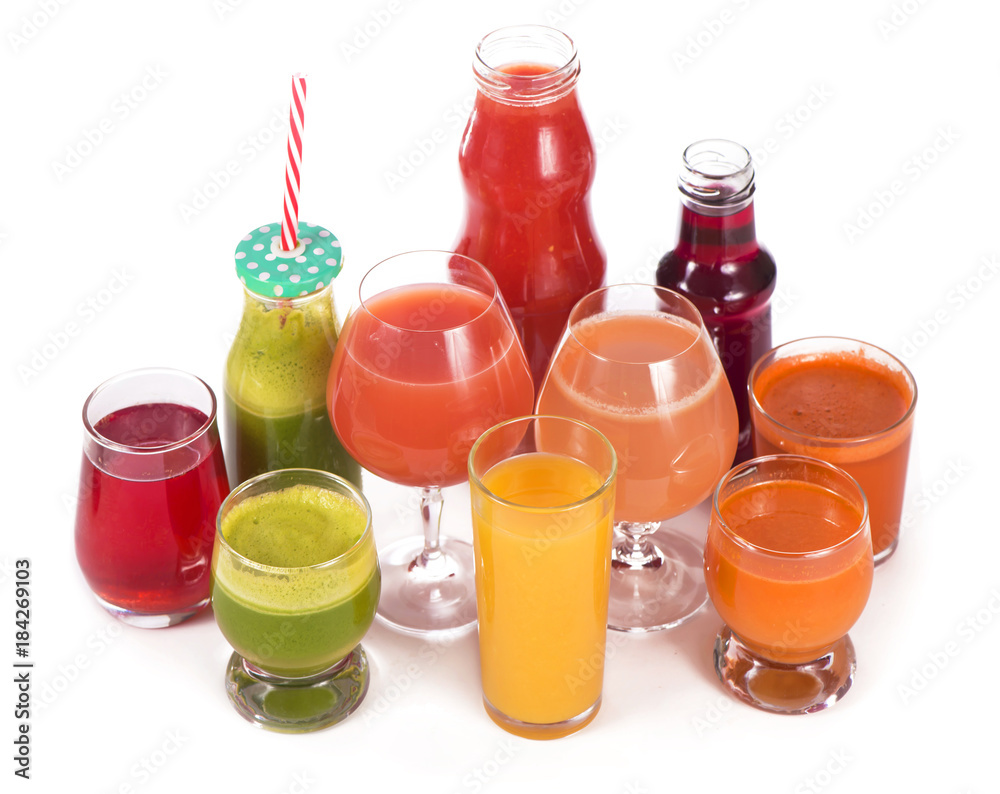 Glasses with fresh organic vegetable and fruit juices isolated on white. Glasses with fresh organic vegetable and fruit juices isolated on white.