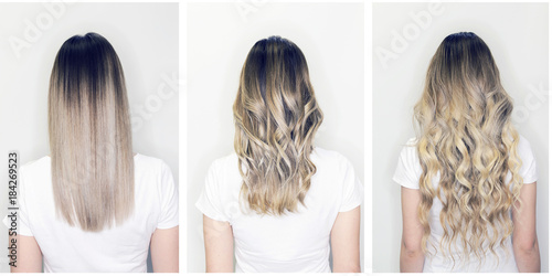 Hair extension before and after on woman head photo