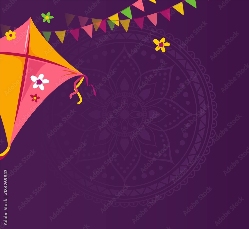 Happy Makar Sankranti holiday background with kite and bunting flags. Vector illustration Happy Makar Sankranti holiday background with kite and bunting flags. Vector illustration