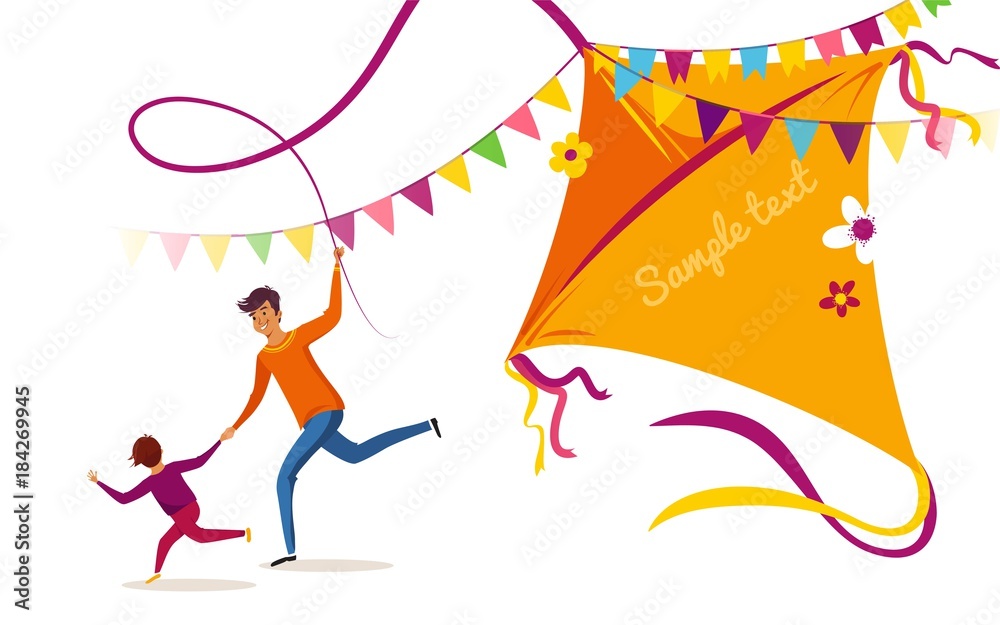 Happy Makar Sankranti holiday background, banner or poster. Happy family father and son flying kite and having fun. Vector illustration