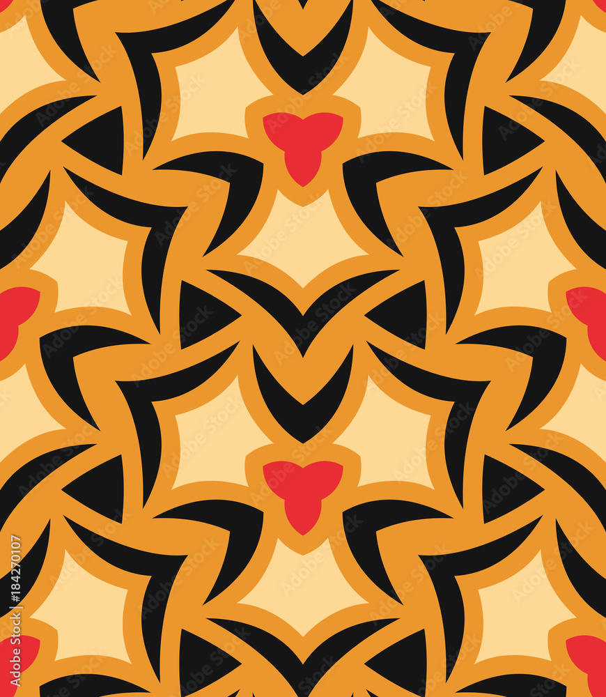 Seamless pattern morrocan ornament. Floral textile print. Islamic vector design. Oriental background with abstract flowers. Hexagonal trefoil swatch. Stained glass vitrage. Seamless pattern morrocan ornament. Floral textile print. Islamic vector design. Oriental background with abstract flowers. Hexagonal trefoil swatch. Stained glass vitrage.