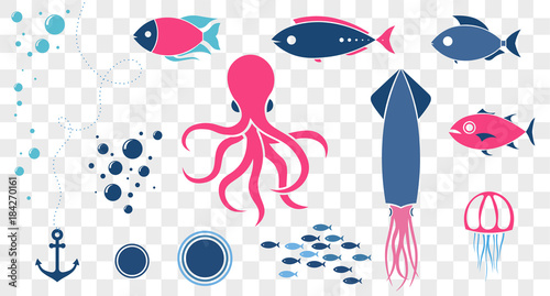 Sea animals isolated collection background