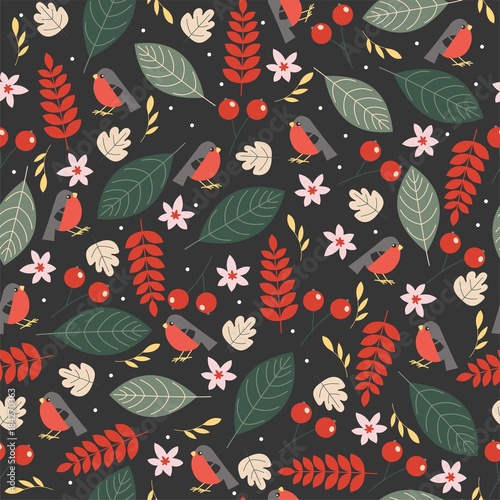 Christmas seamless pattern with plants and cute bullfinches.