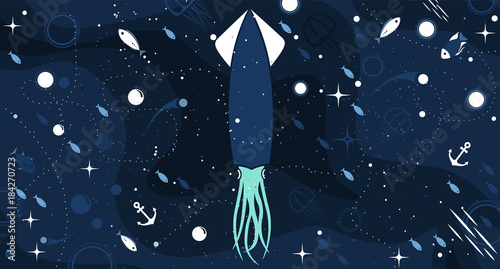 Sea calamary cute blue horizontal background