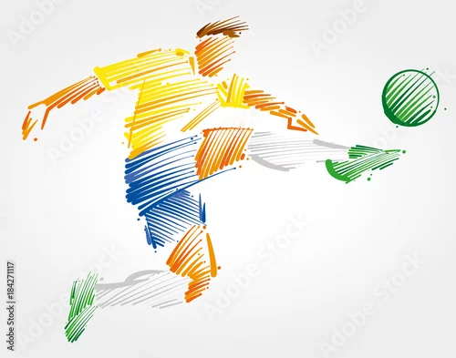 Obraz piłkarz latający, aby kopnąć piłkę wykonaną z kolorowych pociągnięć pędzla na jasnym tle