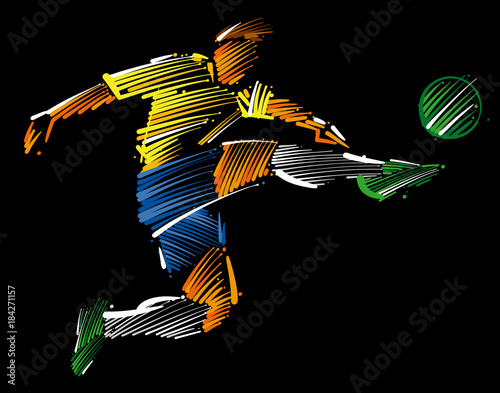 soccer player flying to kick the ball made of colorful brushstrokes on dark background