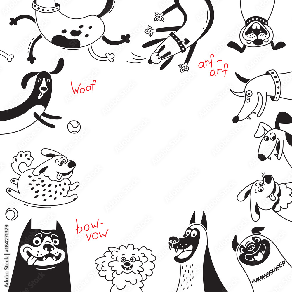 Card with joyful dogs and happy puppies. Vector background with mongrels, sheepdog, dachshund, lap-dog and others breeds Card with joyful dogs and happy puppies. Vector background with mongrels, sheepdog, dachshund, lap-dog and others breeds