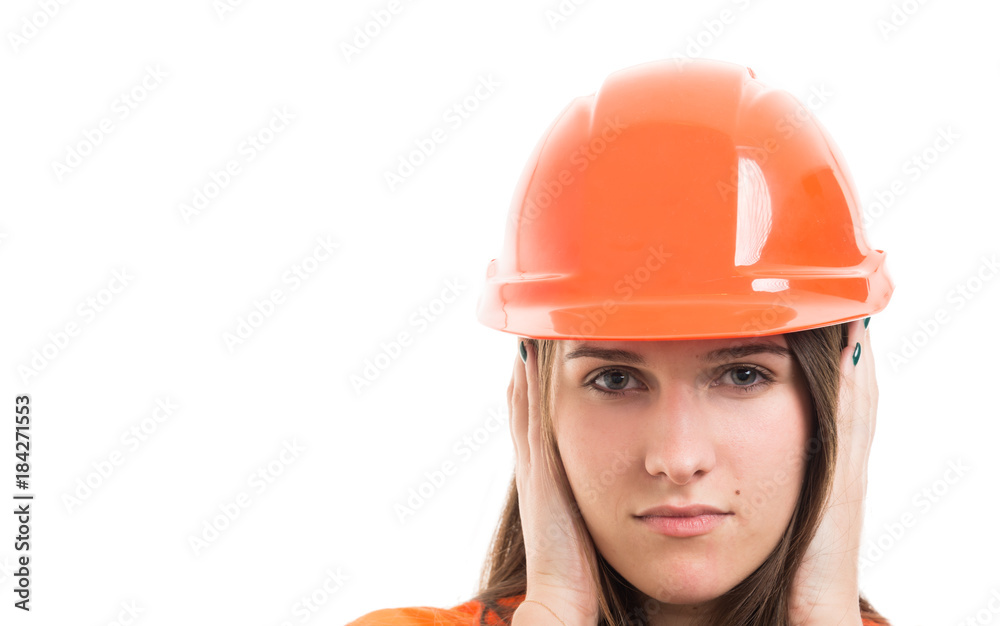 Closeup of woman in hear no evil pose