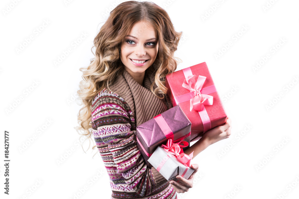 Smiling woman hold gift boxes. Isolated white background. Smiling woman hold gift boxes. Isolated white background.