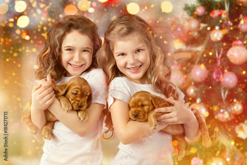 Happy children and dogs beside Christmas tree. New year 2018. Holiday concept, Christmas, New year background.