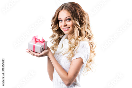 Beautiful Happy Girl with Christmas Gift.