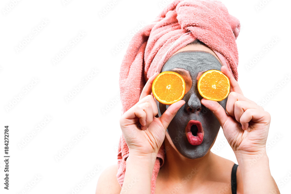 Φωτογραφία mask for skin woman, happy and funny girl makes a mask for face skin, girl close
