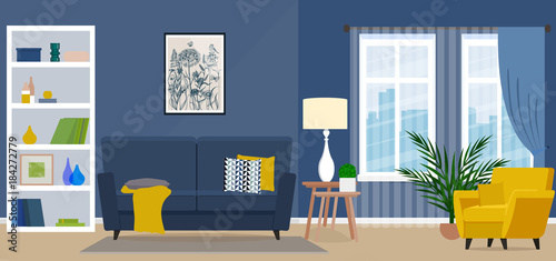 The design of the living room with fashionable furniture. Vector illustration of a flat style.