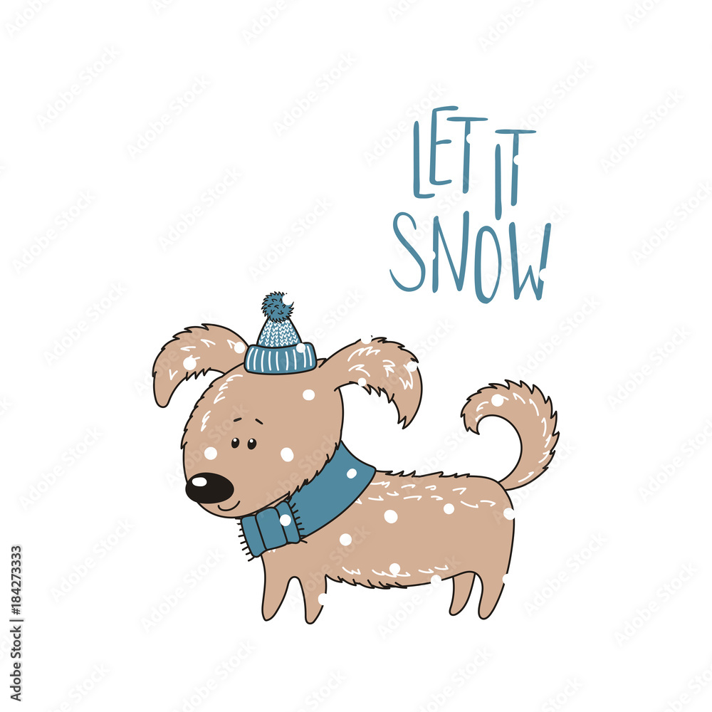 Hand drawn winter holidays greeting card with cute funny cartoon dog in a hat, typography. Isolated objects on white background. Vector illustration. Design concept for children, Christmas, New Year. Hand drawn winter holidays greeting card with cute funny cartoon dog in a hat, typography. Isolated objects on white background. Vector illustration. Design concept for children, Christmas, New Year.