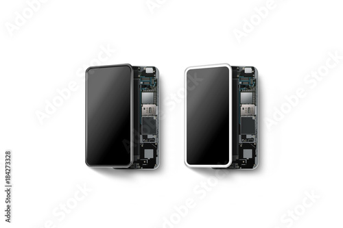 Fotografie New modern smart phones with opened shell isolated, chip, motherboard, processor, cpu and details, 3d rendering
