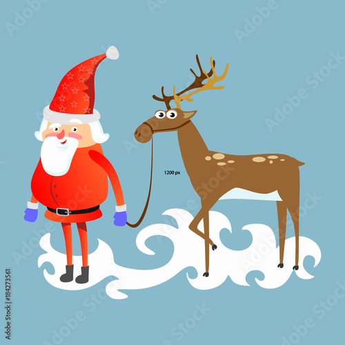 santa claus in red hat and jacket  with beard holding halper reindeer  marry of christmas and happy new year vector illustration on blue background card