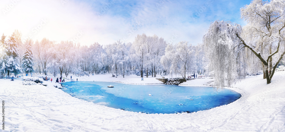Fototapeta premium Frozen ice lake in winter in a park in the forest in sunny weather a panoramic view with a blue sky and white clouds. Wallpaper beautiful fairy winter nature at a pink dawn.
