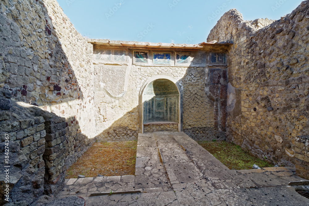 Courtyard of ruined building in Herculaneum, Naples, italy