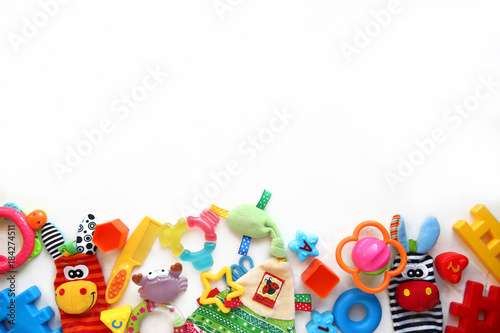 Children s toys and accessorieson a White background.view from above