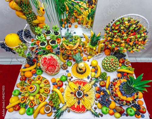 Colorful Fruit mix on the table. Decorated fruit table.